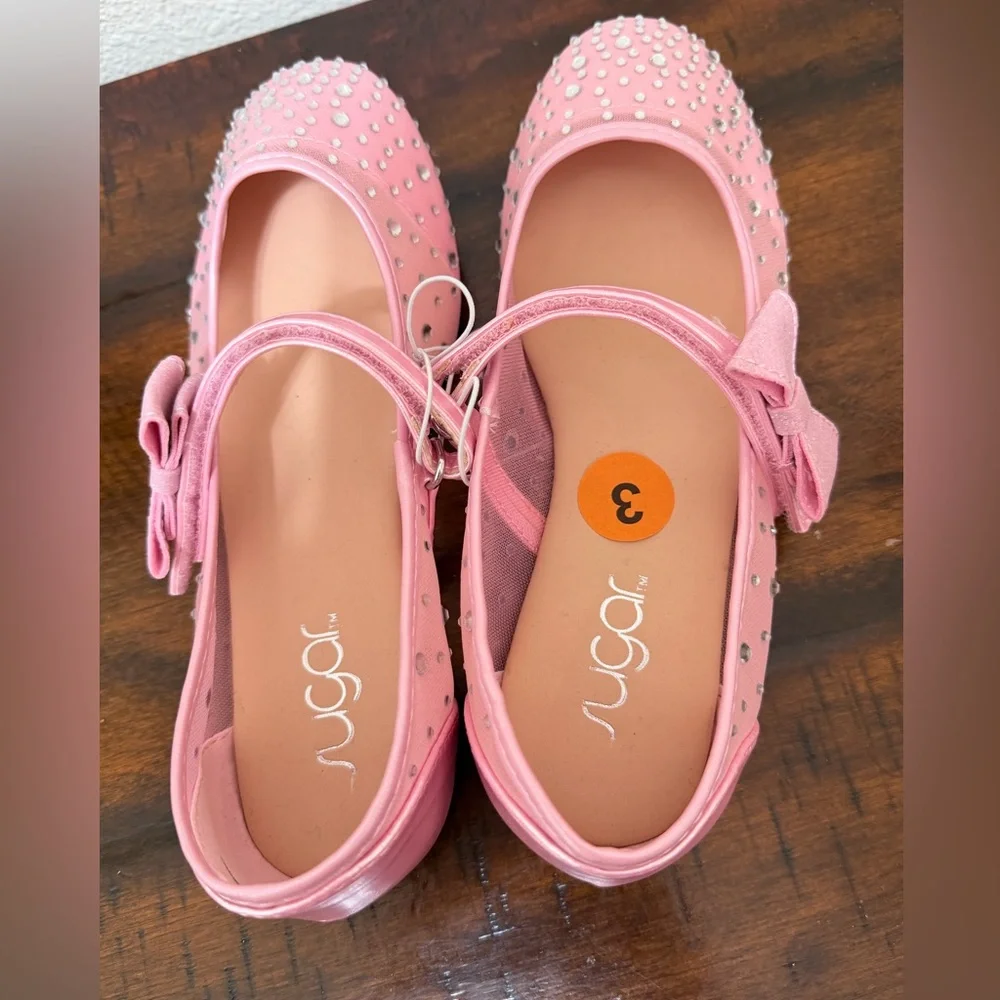 Sugar  Flats Shoes Big Girl Size 3M – Pink with Sparkly Rhinestones & Bow  New